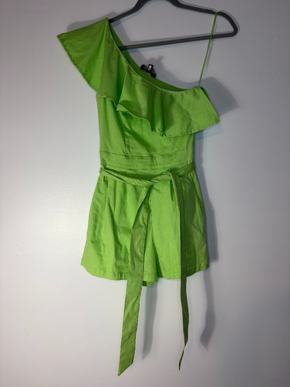 Flying Tomato Apple Green One Shoulder Ruffle Romper